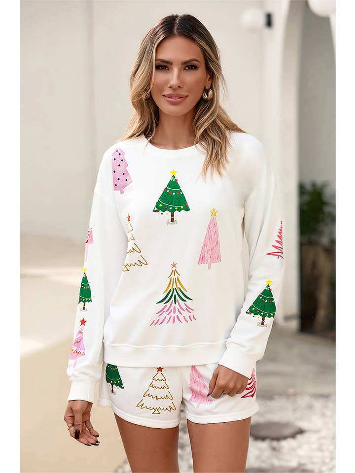 White Stripe LDC Tree Long Sleeve Top and Shorts 2pcs Lounge Set for wholesale on Faire