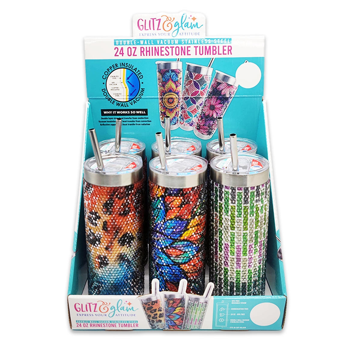 Novelty Brands - Wholesale Insulated Mug/Tumbler - Rhinestone 24 oz Tumbler Cup Assortment - 6/Display3
