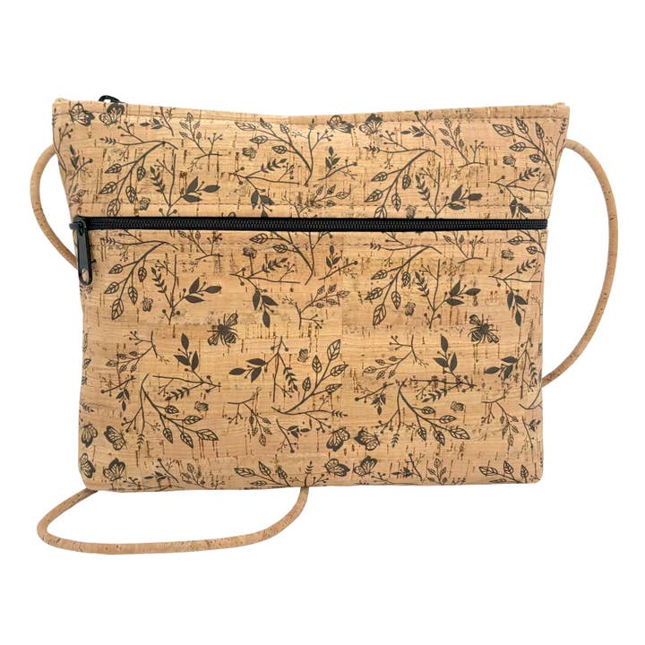 Kork Reißverschluss-Umhängetasche mit Reißverschlusstasche | Schwarze Blumenmuster für den Großhandel von Natalie Therese