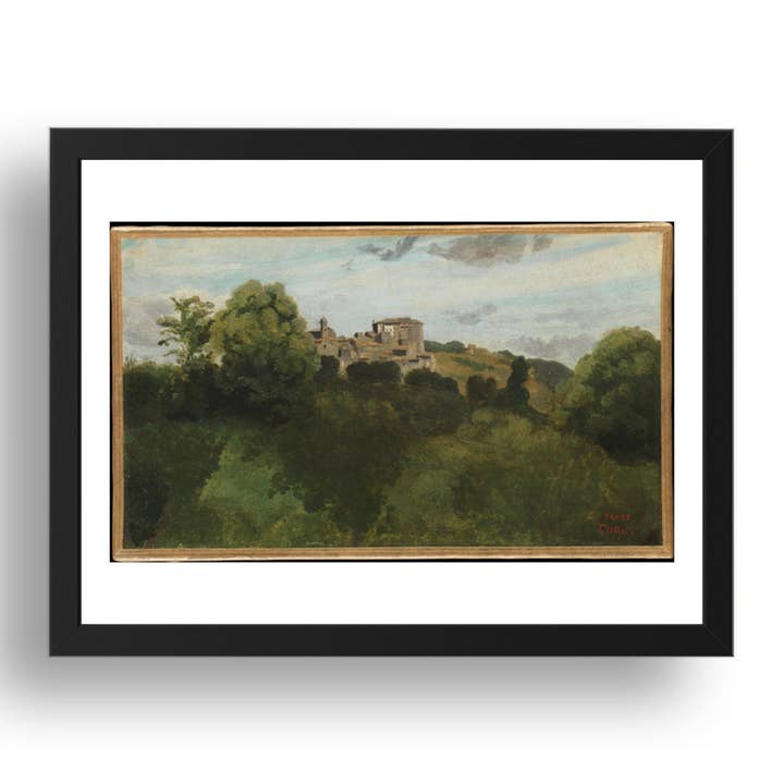 Camille Corot: Udsigt over Genzano (1843), vintage kunstværk, A3 størrelse reproduktionsplakat i 17x13" sort ramme for engroshandel hos PERIOD PRINTS