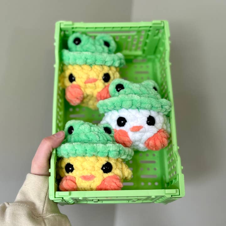 Spring Crochet Chick with Froggie Hat Plushie for wholesale by Crochet by Jolene