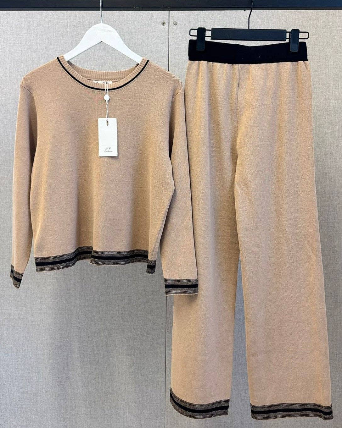 ANGELEYE – wholesale Top & pants set (NOT Loungewear) – Women's – Beige Knit Co-ords with Black Striped Border0