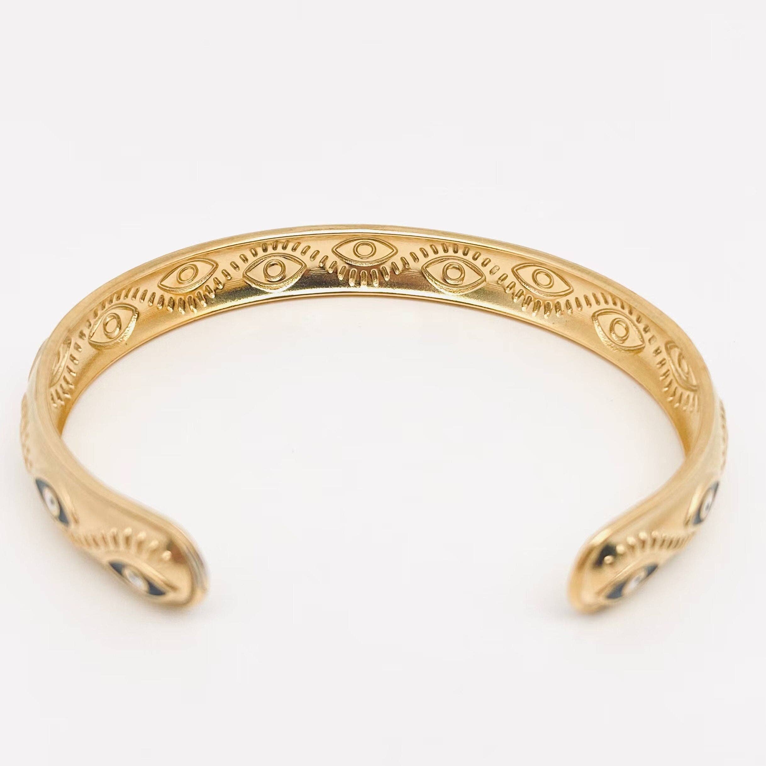 Mio Queena - Wholesale Cuff Bracelet - Black Evil Eye Cuff 18k Gold Plated Steel Bangle - FGS2