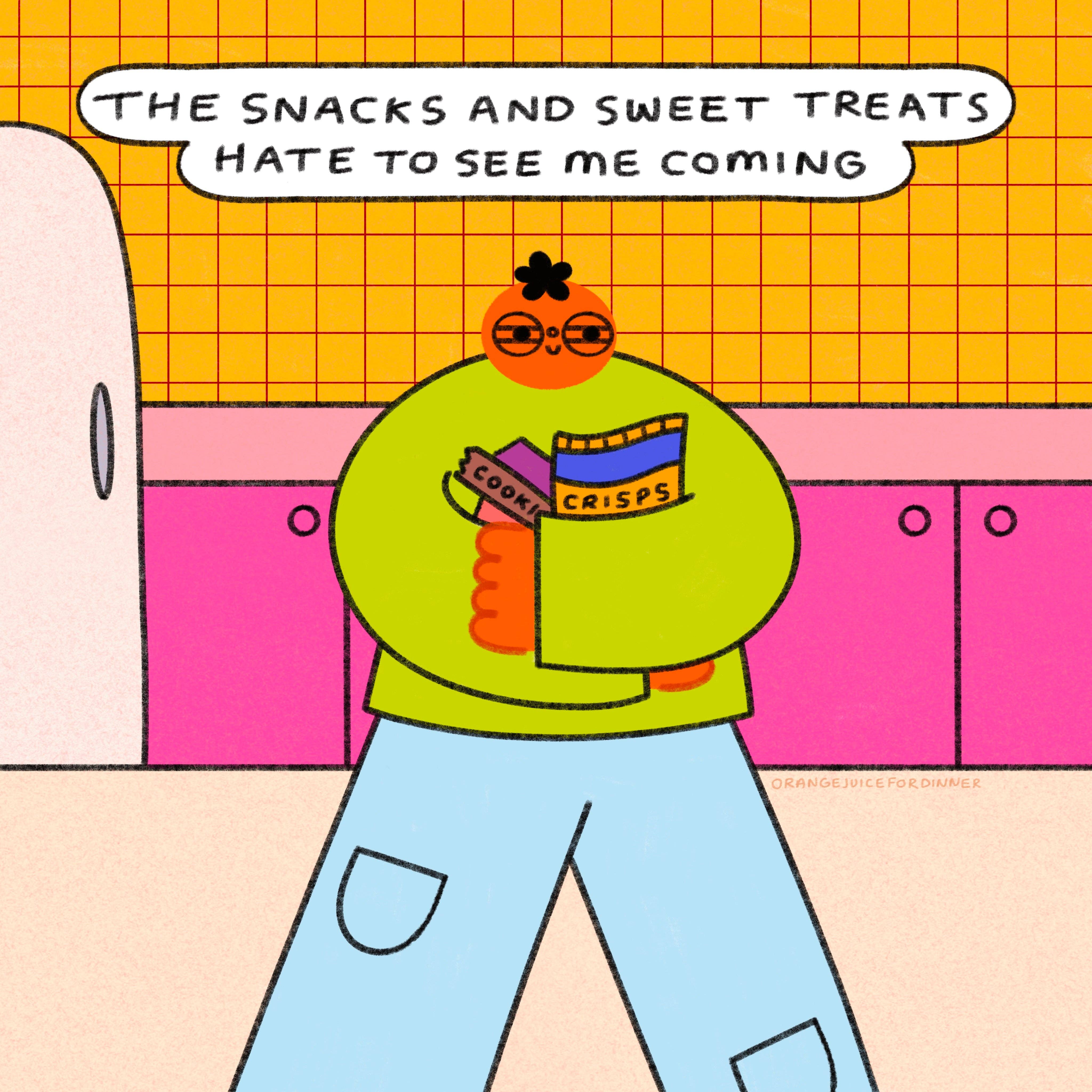 Orange Juice For Dinner - Vente Affiche d'art - Les collations et les friandises détestent me voir arriver.0