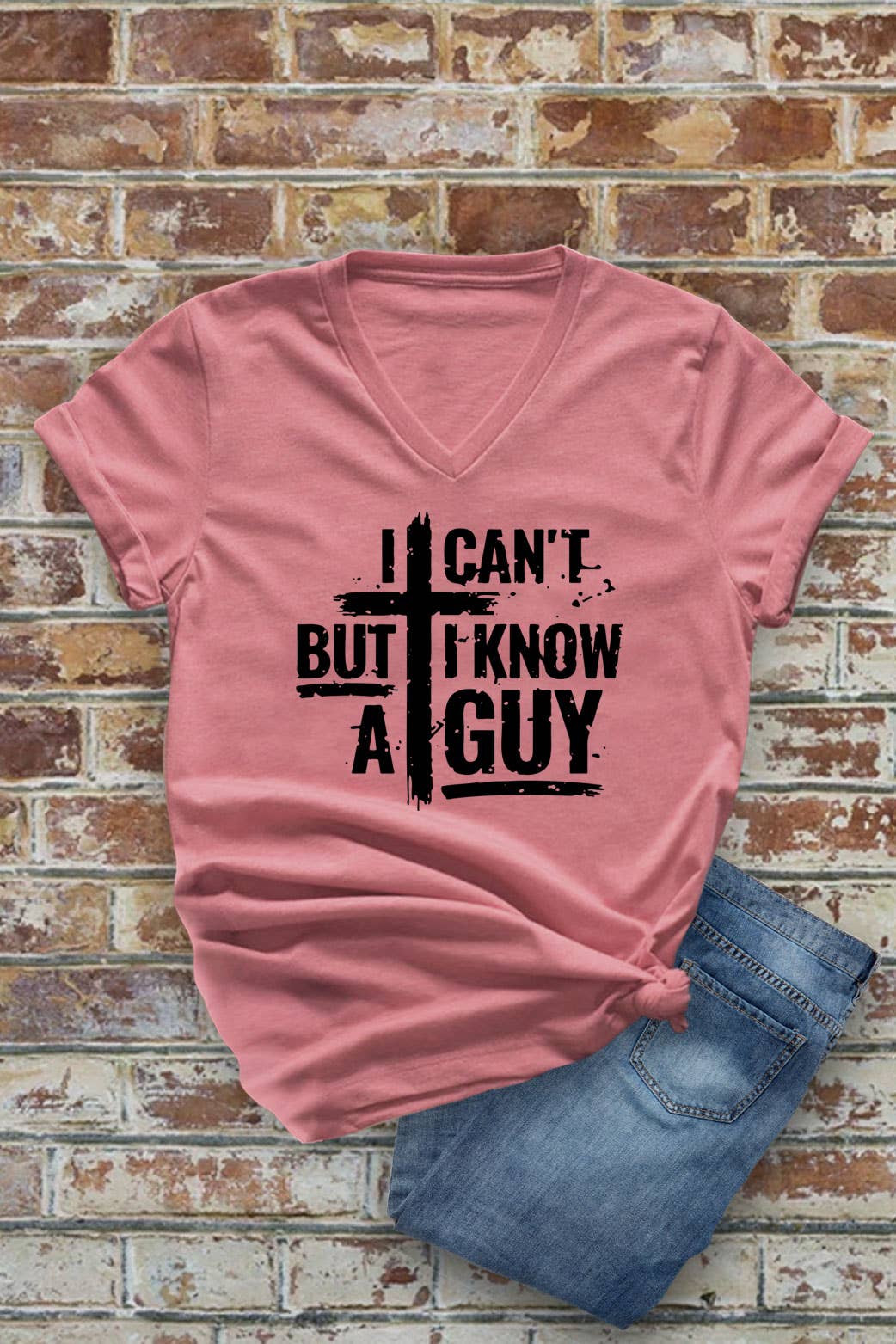 Top Avenue - Wholesale Screen Printed T-Shirt - Women's - I Cant But I Know A Guy Distressed Cross, Unisex V-Neck T-Shirt4