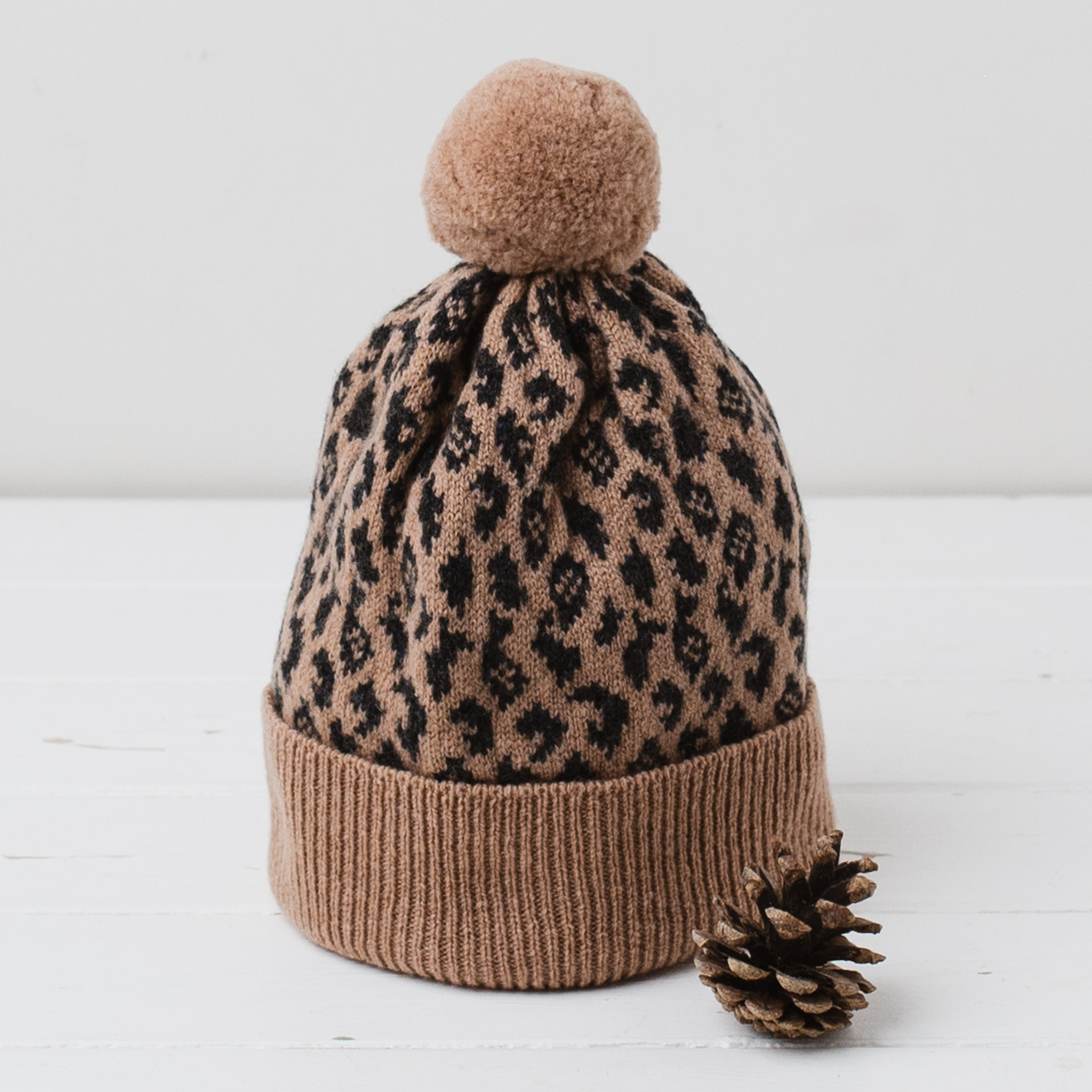 Miss Knit Nat – wholesale Beanie – Women's – Leopard pom pom hat - camel and charcoal0