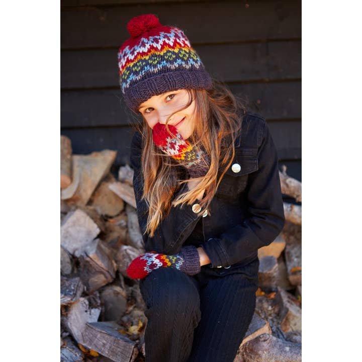 One Colour Kids Clifden Knitted Wool Fair Isle Knit Bobble Hat Navy for wholesale on Faire2