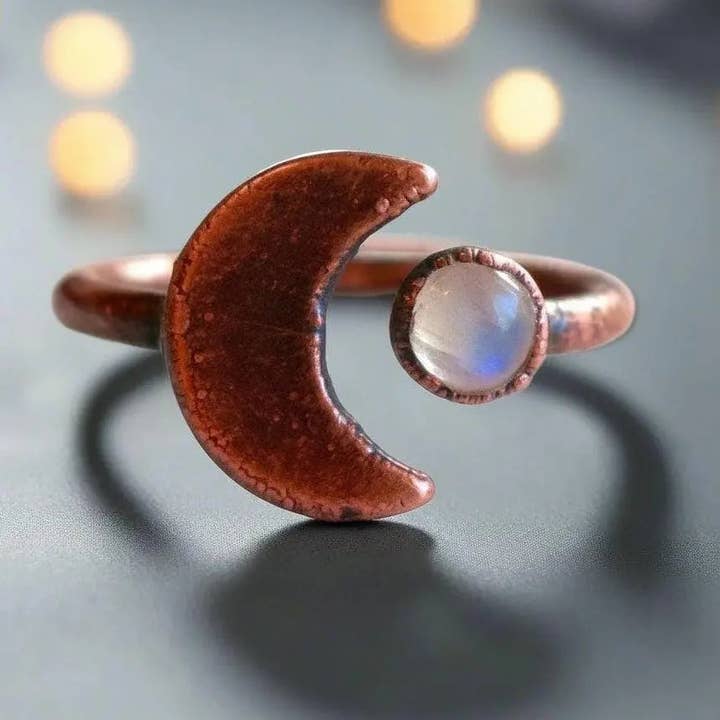 Copper Moon & Moonstone Ring – Case of 2 (Assorted Sizes) for wholesale by Blackbird & Sage Jewelry