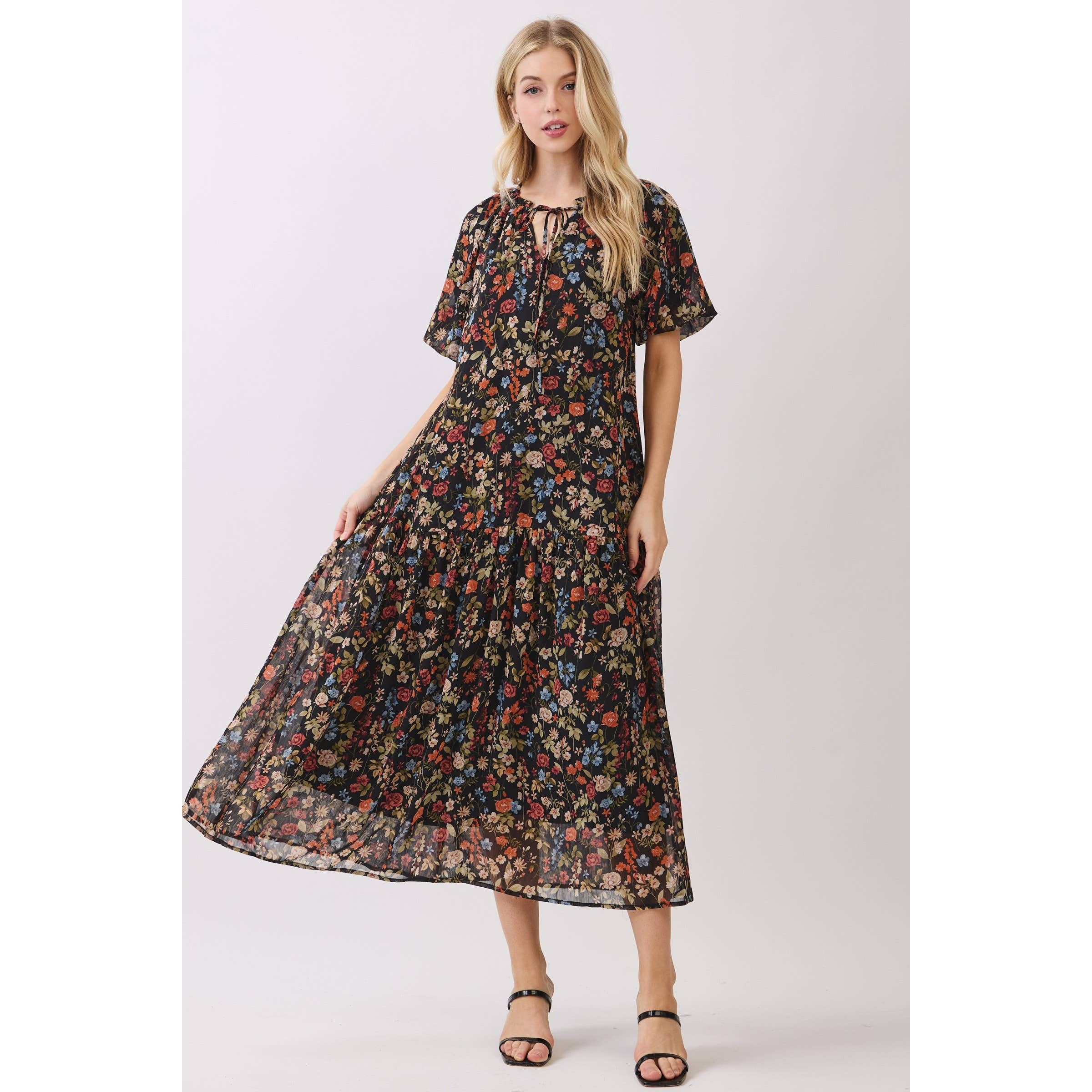 Calista - Wholesale Dress - Women's - BALLOON SLEEVE TIERED MIDI DRESS - VJD4290615