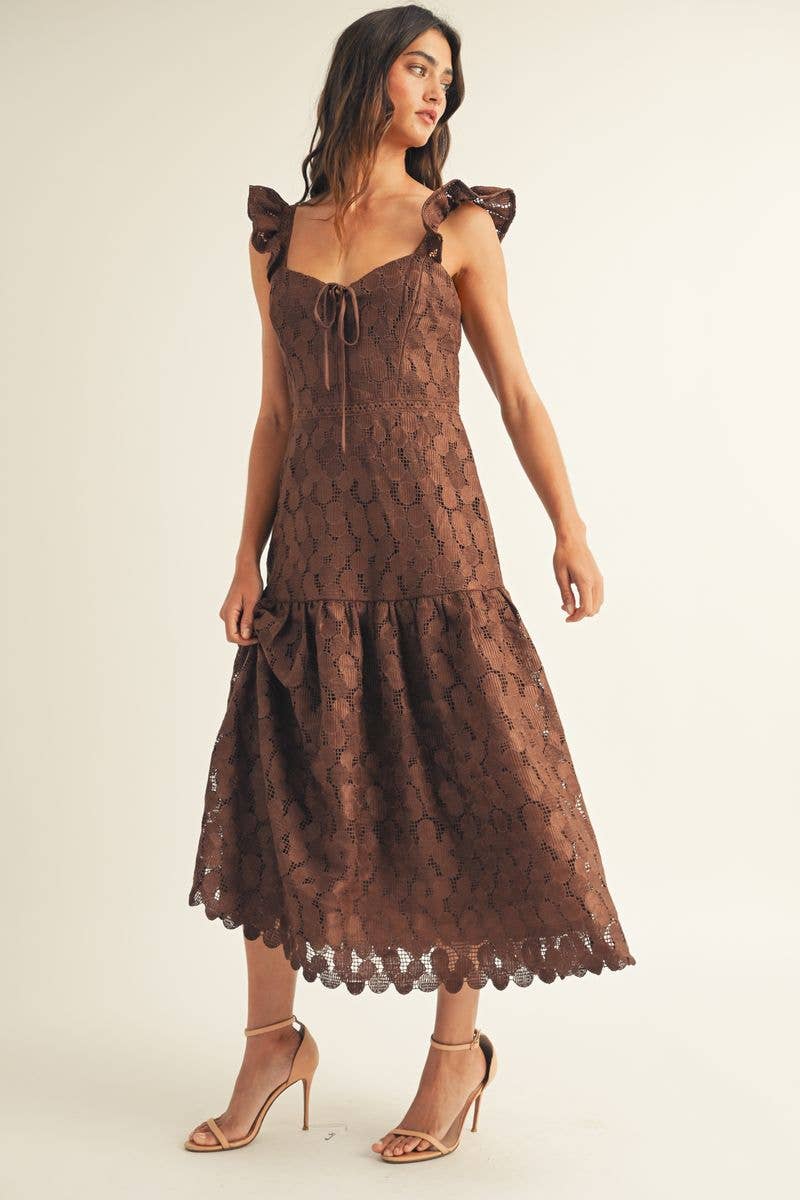 JUST ME - Wholesale Dress - Women's - NOVELTY LACE RUFFLE BOTTOM MIDI DRESS3