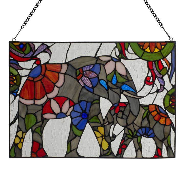 River of Goods - Wholesale Suncatcher - 20"W Mother and Baby Elephant Stained Glass Window Panel1