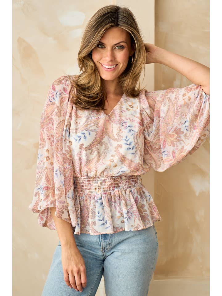 Ivory Plus dramatic bubble three quarter sleeve peplum top-PIT6615 for wholesale on Faire