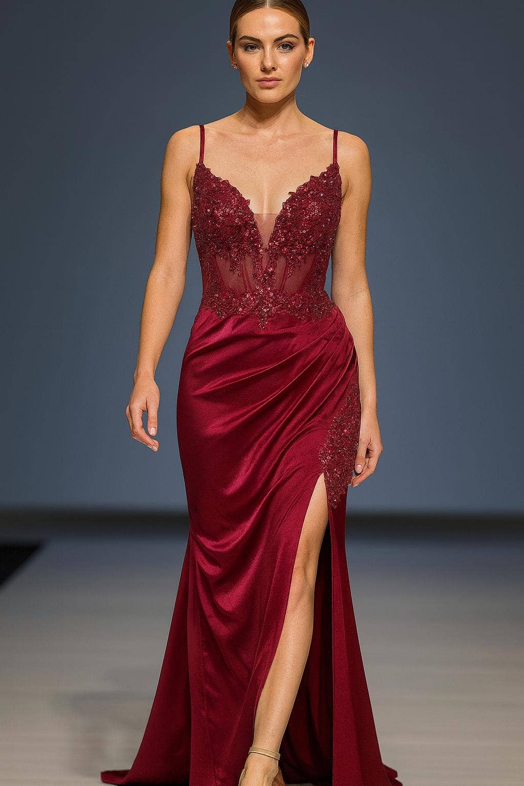 La Veneto - Wholesale Dress - Women's -  Deep v-neckline, thin straps, embellished bodice & leg slit8