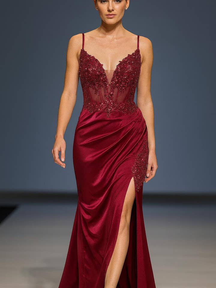 La Veneto - Wholesale Dress - Women's - Deep v-neckline, thin straps, embellished bodice & leg slit8