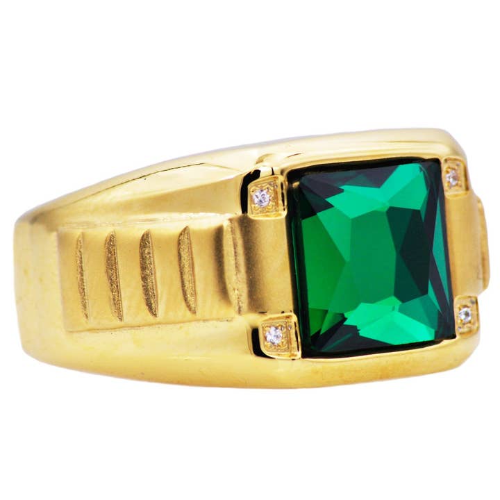 Blackjack Mens Jewelry - Wholesale Cocktail/Statement Ring - Men's Genuine Green Spinel And Gold Stainless Steel Ring With Cubic Zirconia