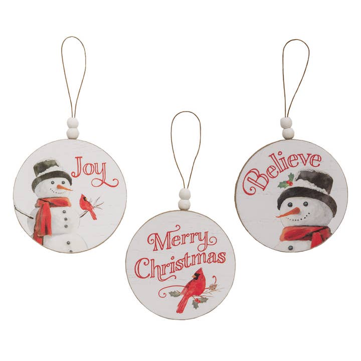 Col House Designs - Wholesale Ornament Set - Winter Word Snowman Round Beaded Ornament, 3 Assorted