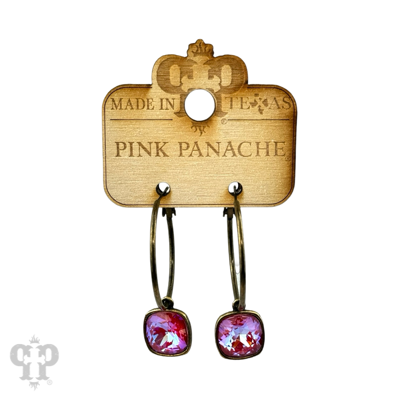 Pink Panache Brands - Wholesale Dangle Earrings - Square Austrian crystal hoop earring, 12mm12