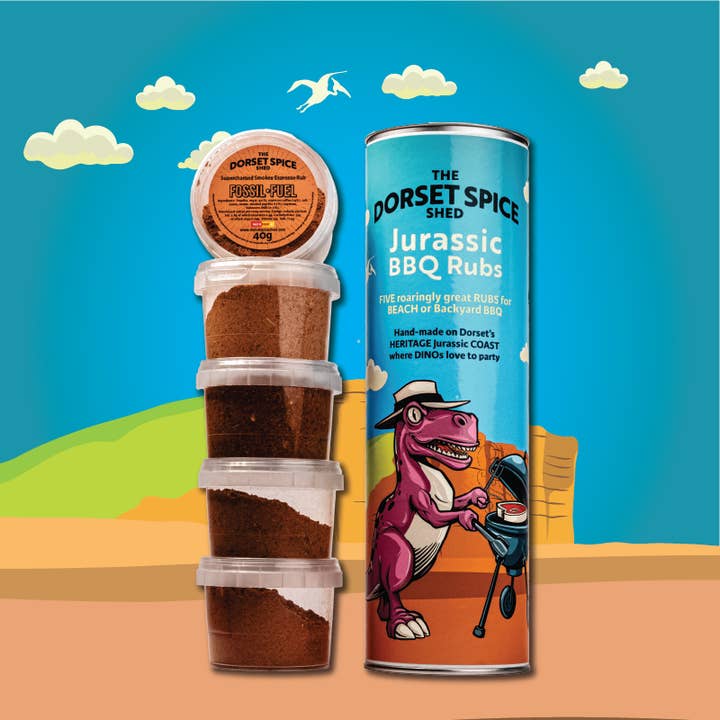 New! Jurassic BBQ Tube 'o' Rubs - 5 Grrreat BBQ Rubs - Free Greetings Card for wholesale by 2Guys