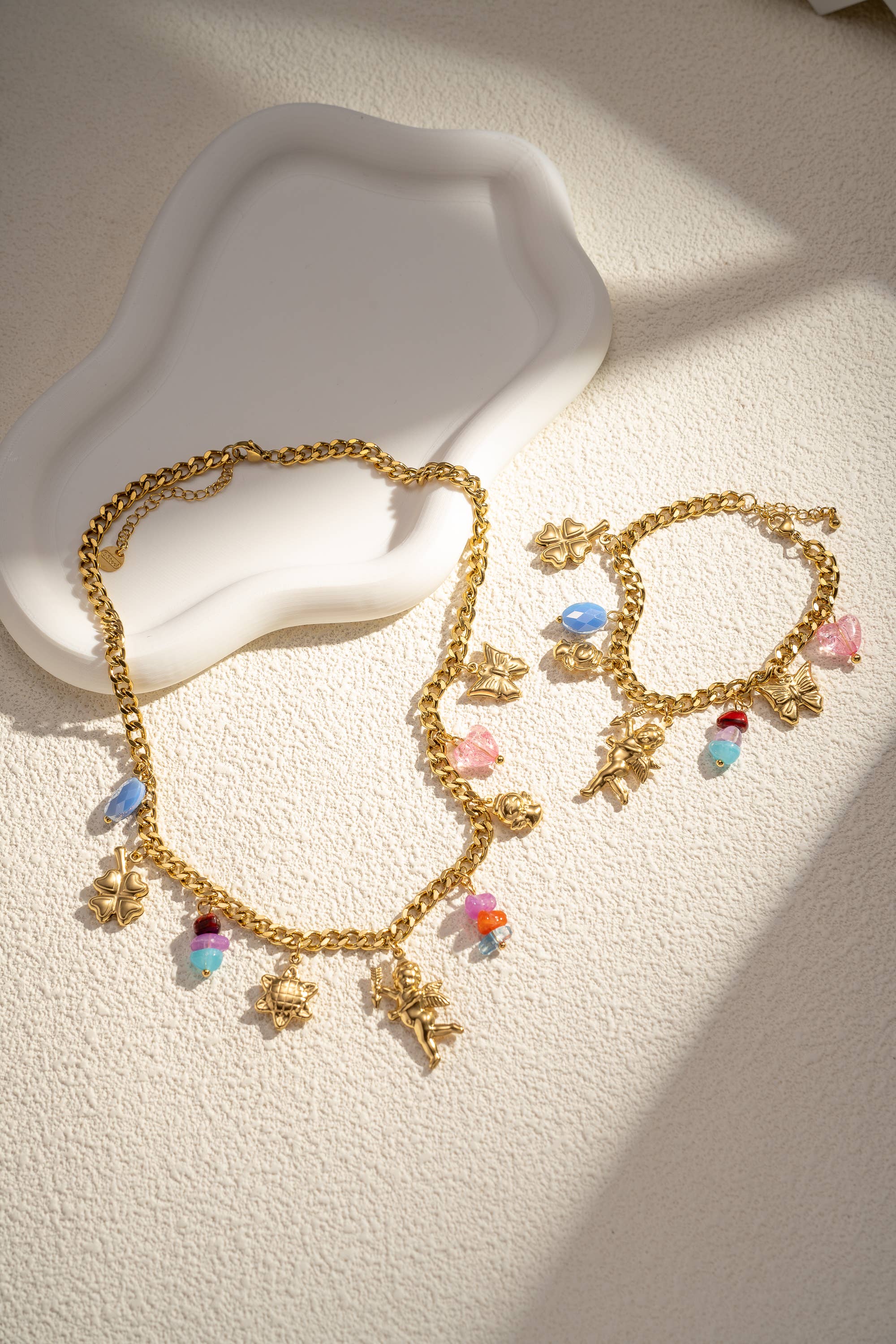 COSMOS - Wholesale Pendant/Charm Necklace - Gold stainless steel charm necklace Angel butterfly sun2