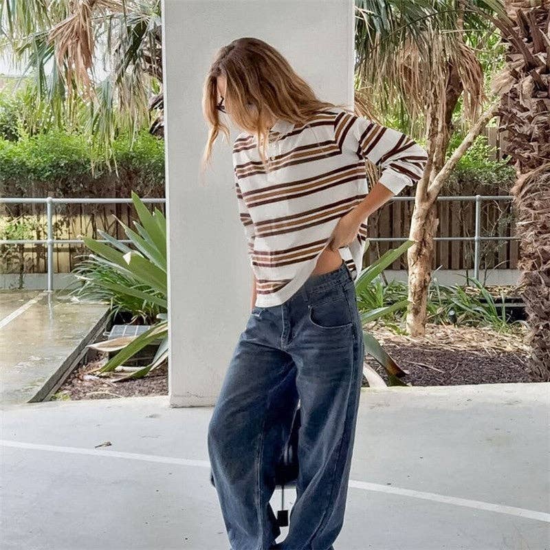 Color Block Striped Polo Collar Long Sleeve T-Shirt for wholesale on Faire3