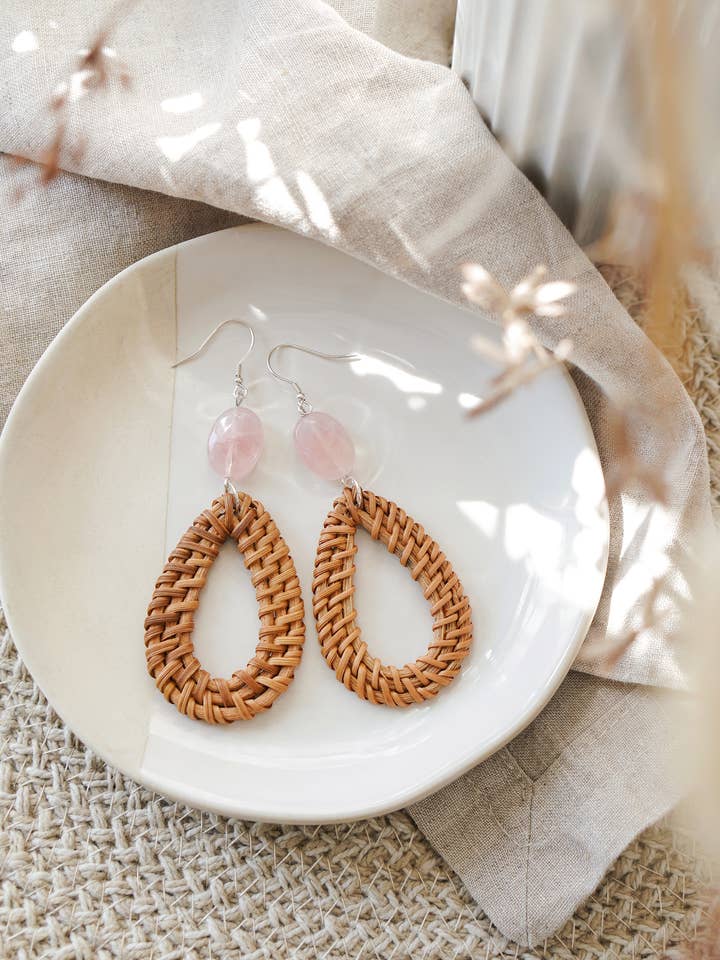 925 Sterling Silver Rose Quartz Rattan Earrings for wholesale by Xander Kostroma