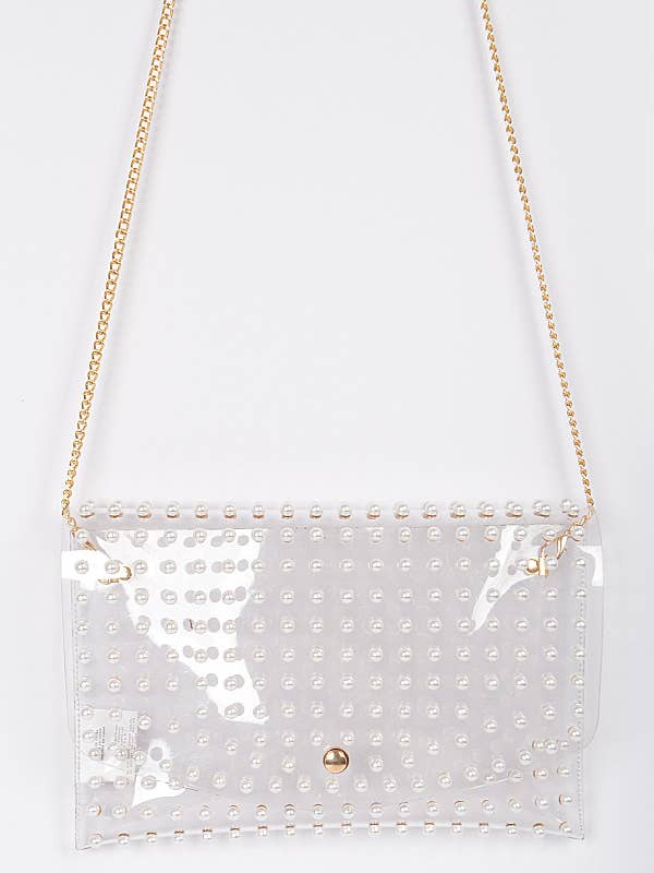 Faux Pearl Studded Transparent Envelope Clutch for wholesale by Shop Neighbors