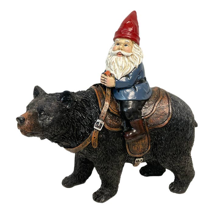 Gnome Riding Black Bear Woodland Statue Lawn Garden Figurine for wholesale by De Leon Collections