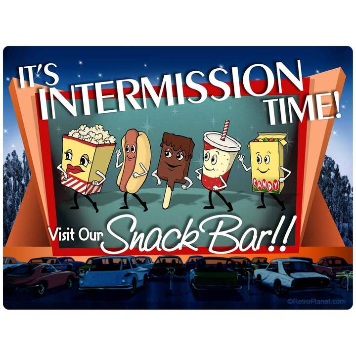 Snack Bar Drive-In Movie Intermission Time Sticker for wholesale by RetroPlanet