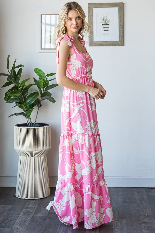 7th Ray - Vendita all'ingrosso Vestito - Donna - Vestito lungo a balze con spalline a fiocco e scollo quadrato floreale D59292