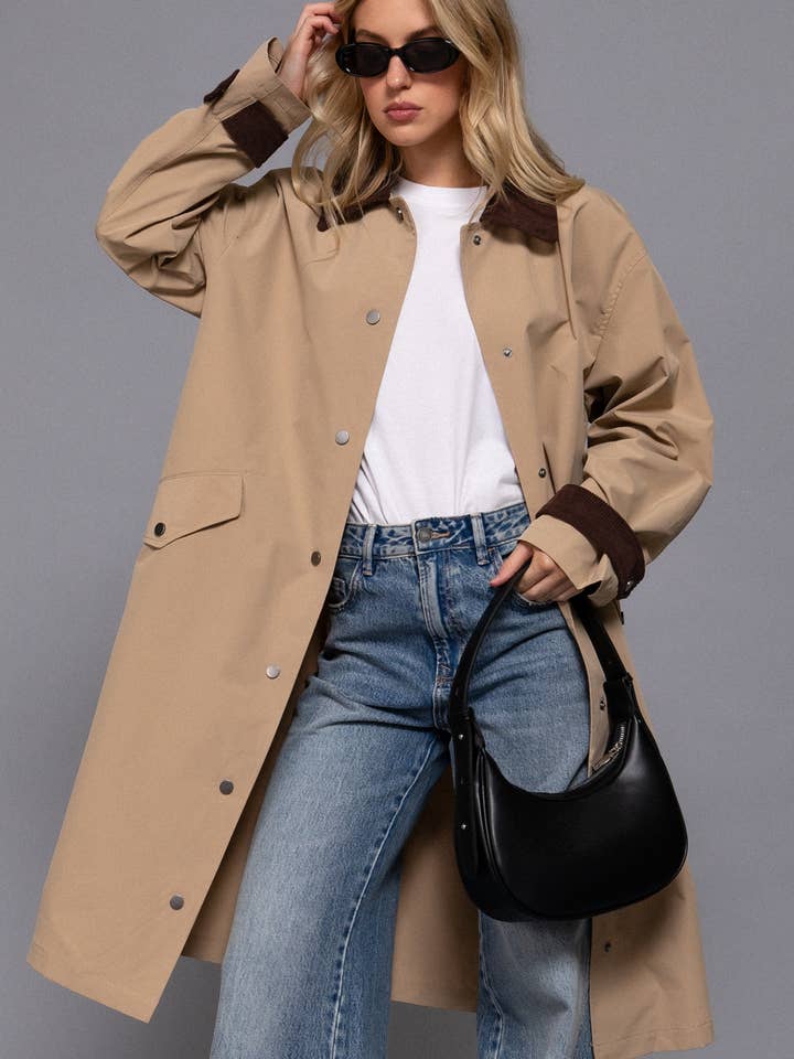 Long Sleeve Contrast Collar Button Down Long Trench Coat for wholesale by Active Basic | Active USA