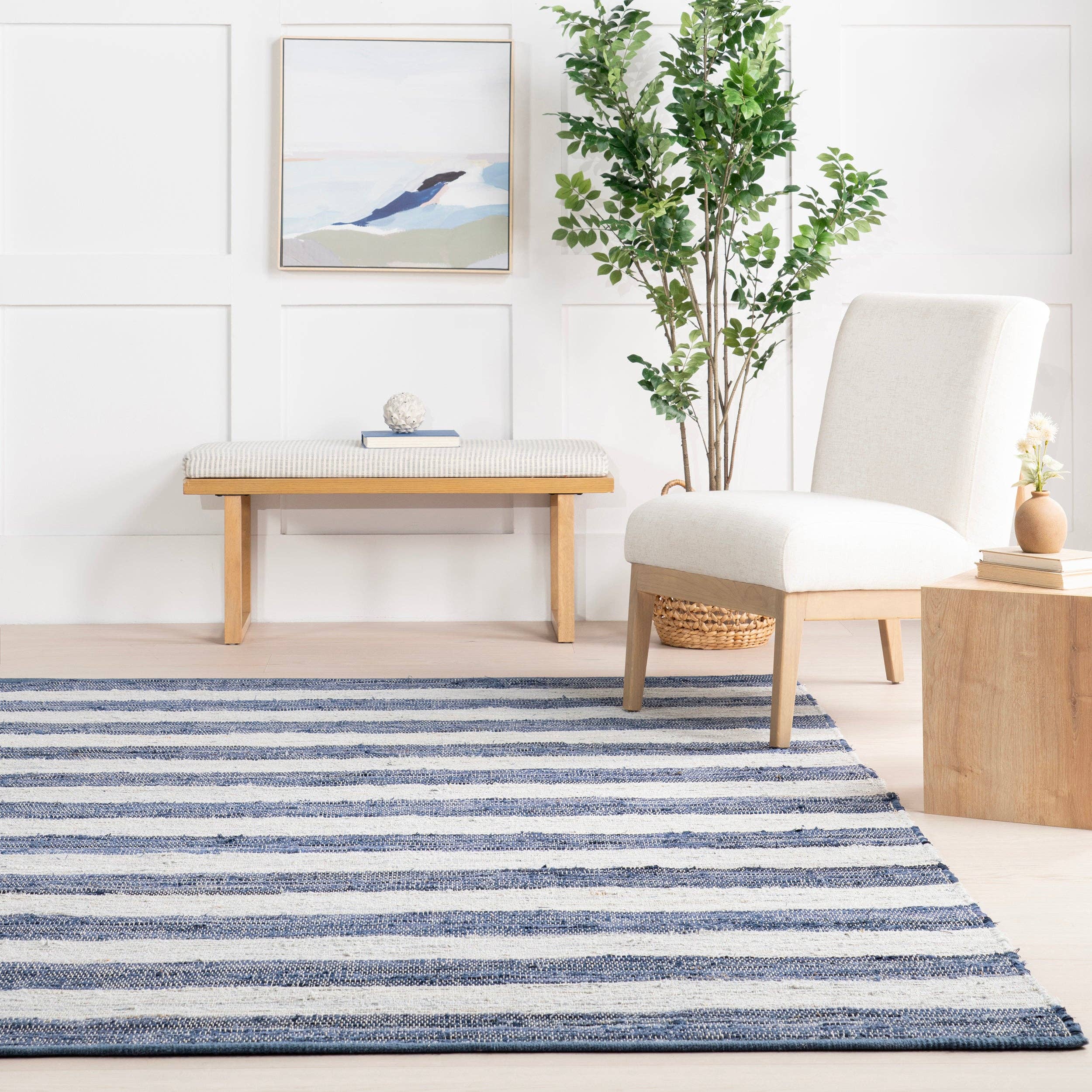 Blue Home Conservatory Striped Rag Handwoven Cotton Area Rug for wholesale on Faire8