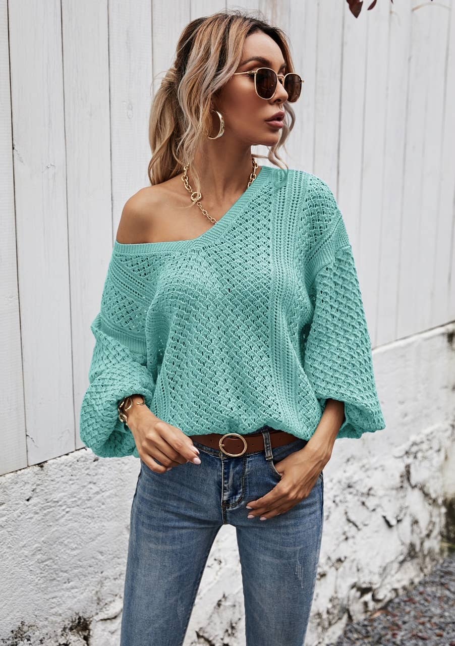 ePretty - Wholesale Knit Sweater - Women's - SZ53-SW6019 Open Knit Slouchy V-Neck Sweater11