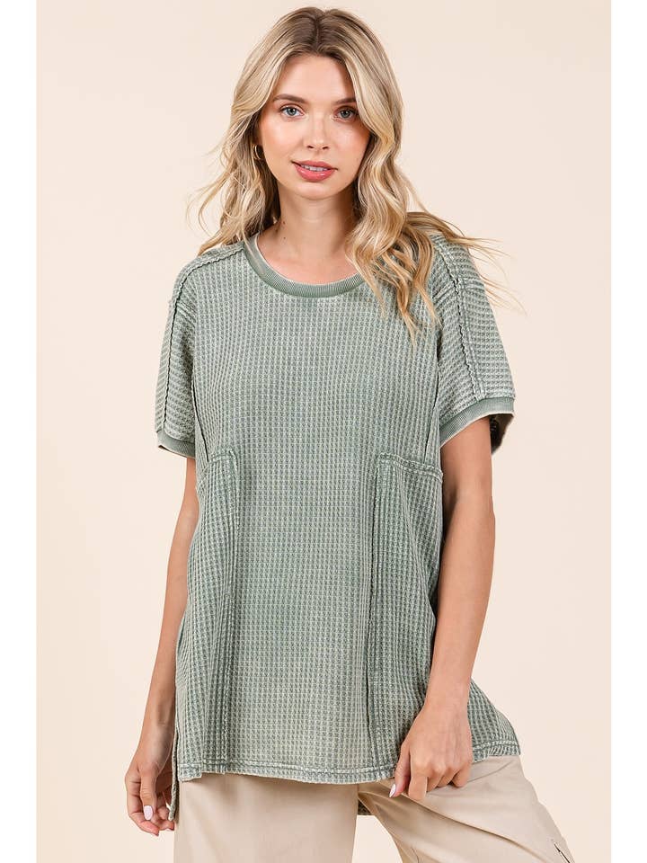 mittoshop - Wholesale Tunic - Women's - MINERAL WASH WAFFLE KNIT SEAM DETAIL TUNIC TOP15