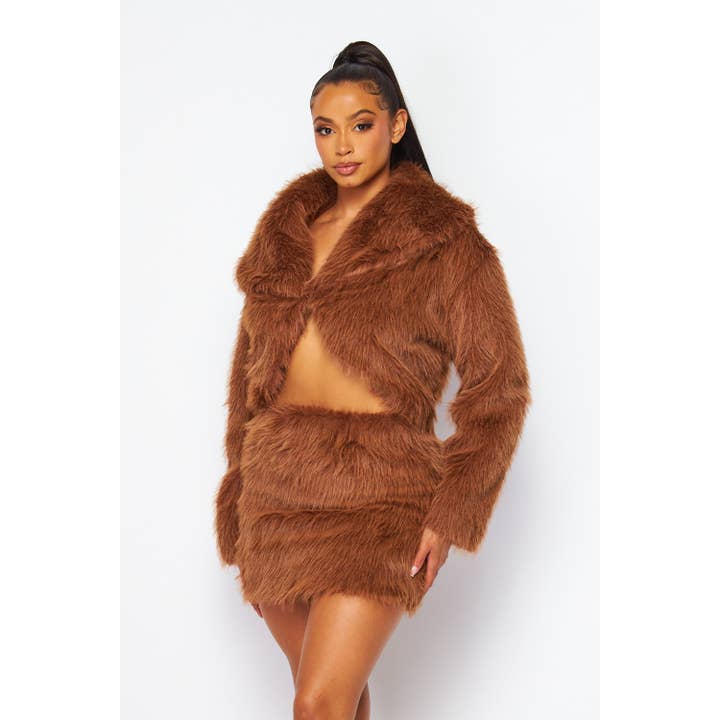 Miss 8 – wholesale Top & skirt set – Women's – Faux Fur cropped Jacket with Mini Skirts1