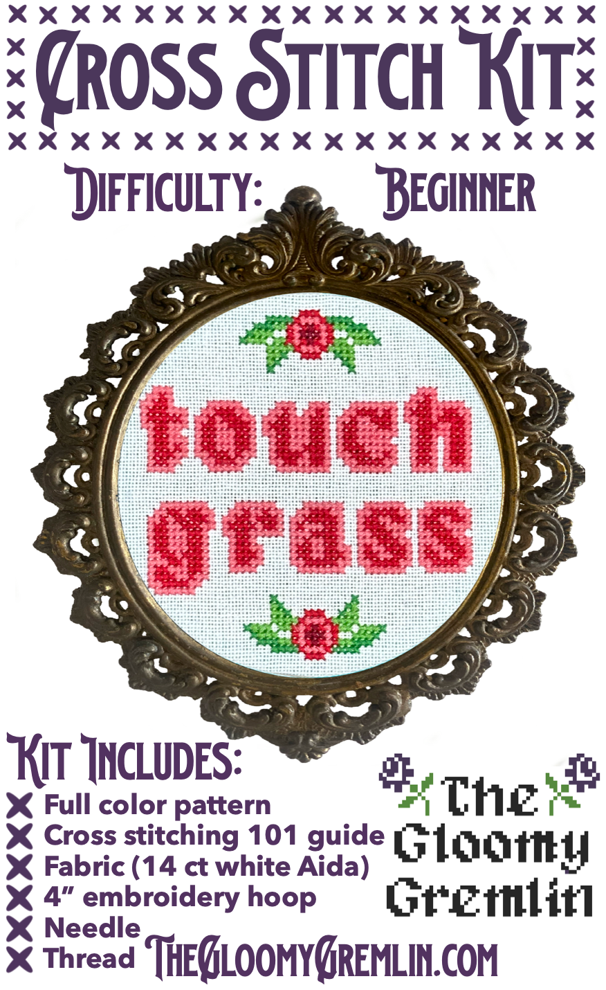 The Gloomy Gremlin - Wholesale Embroidery/Cross Stitch Supplies - Touch Grass - Cross Stitch Kit 4