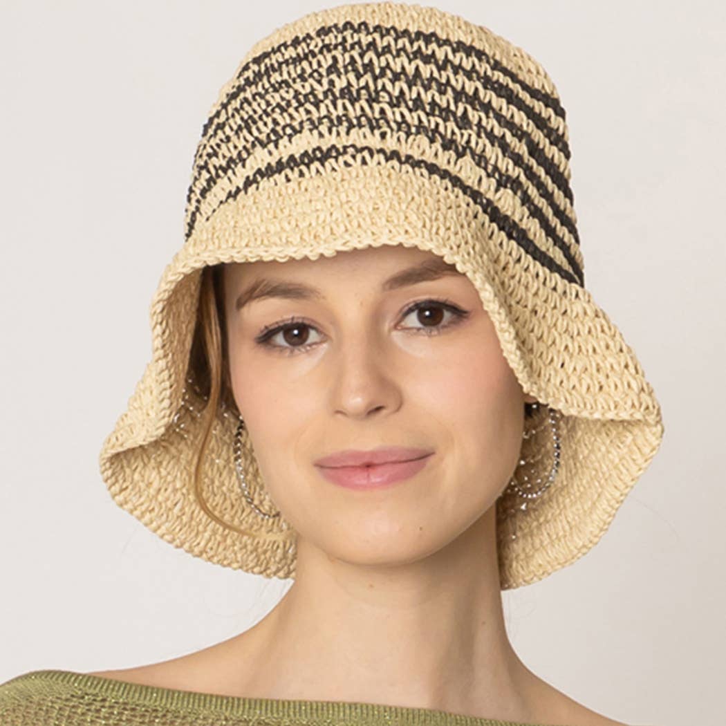 Fashion City - Wholesale Bucket Hat - Women's - Two Tone Stripe Straw Crochet Bucket Hat0
