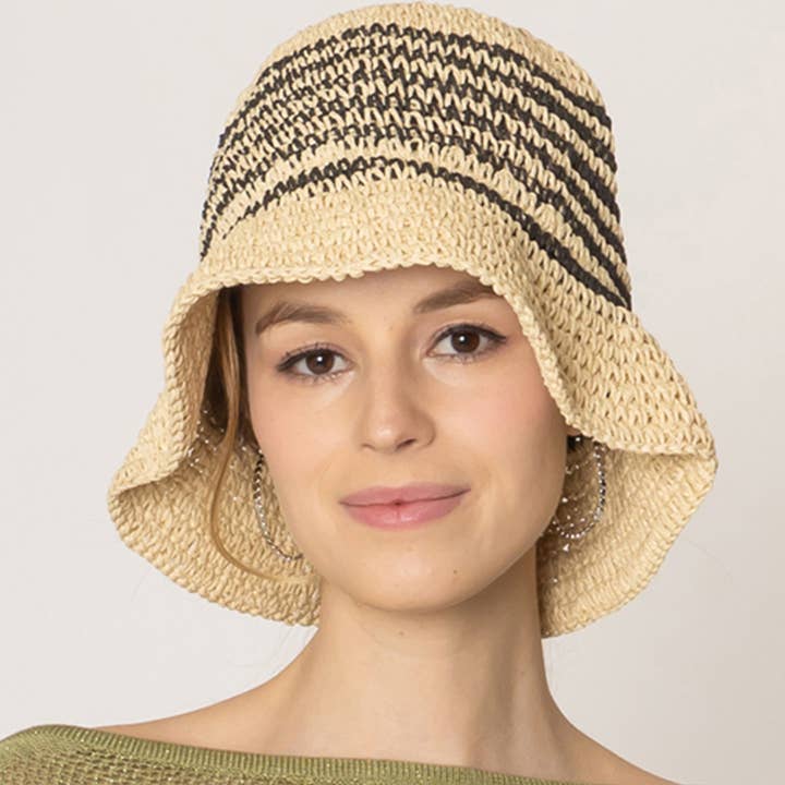 Fashion City - Wholesale Bucket Hat - Women's - Two Tone Stripe Straw Crochet Bucket Hat