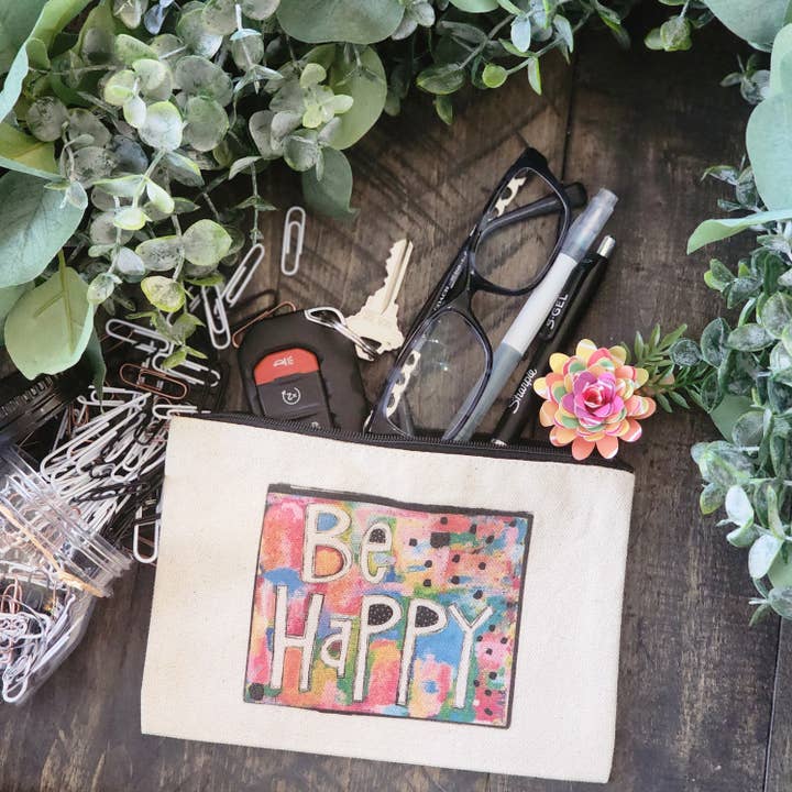 Be Happy Small Canvas Pouch for wholesale by Julie Abbott Art