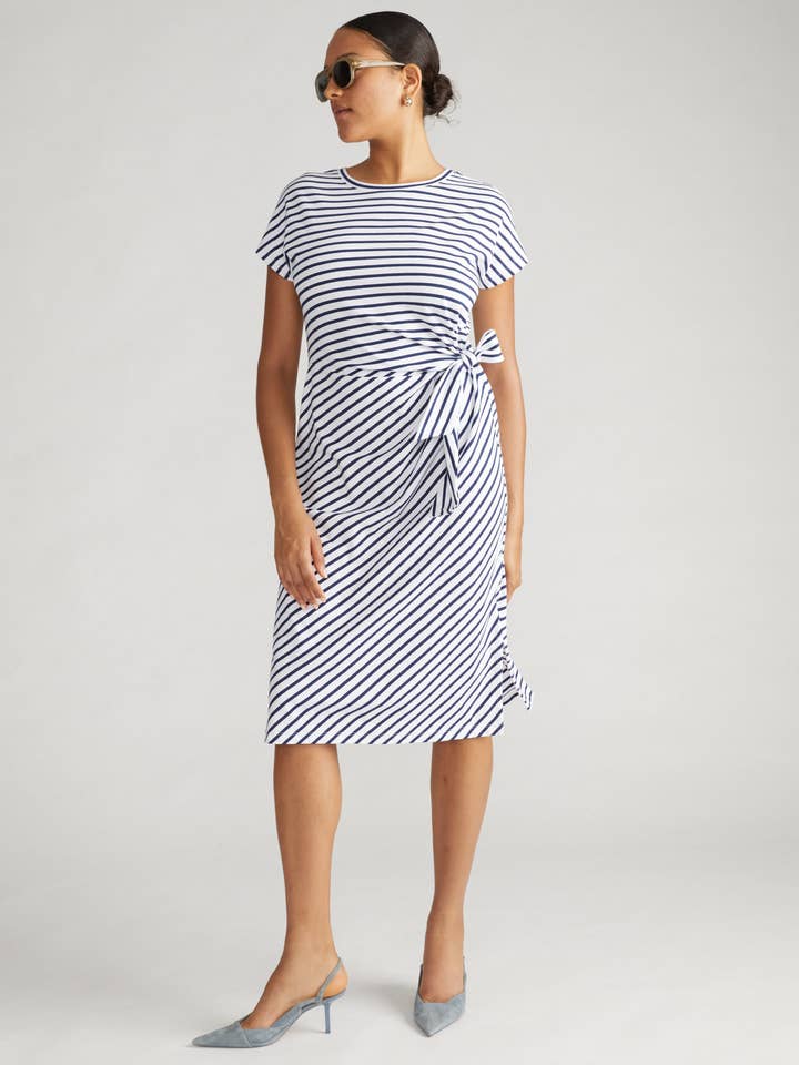 Crescent Breton Stripe Knot Dress - White/Cenote Stripe for wholesale by Universal Standard