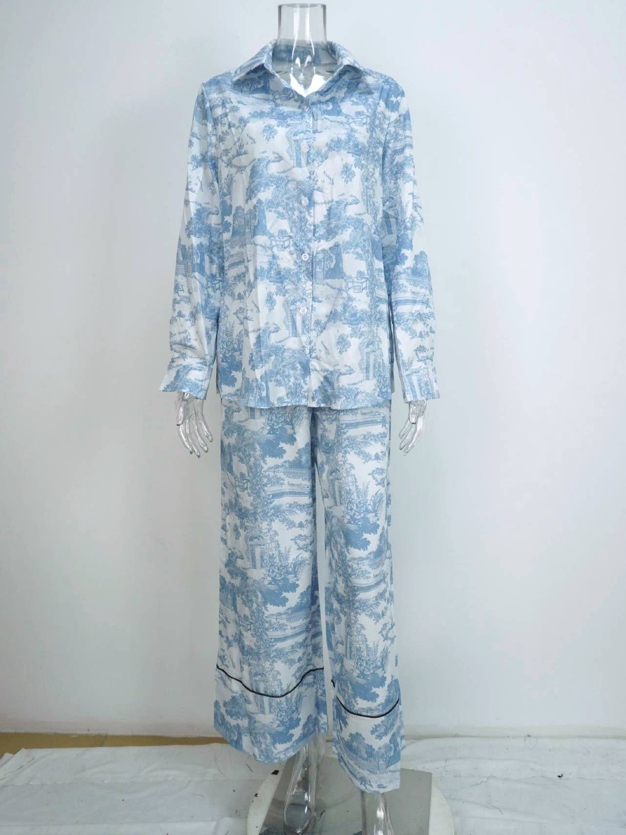 Rosa Clothing - Wholesale Lounge Set - Women's - Printed Long-Sleeved Shirt Straight-Leg Pants Lounge Set3