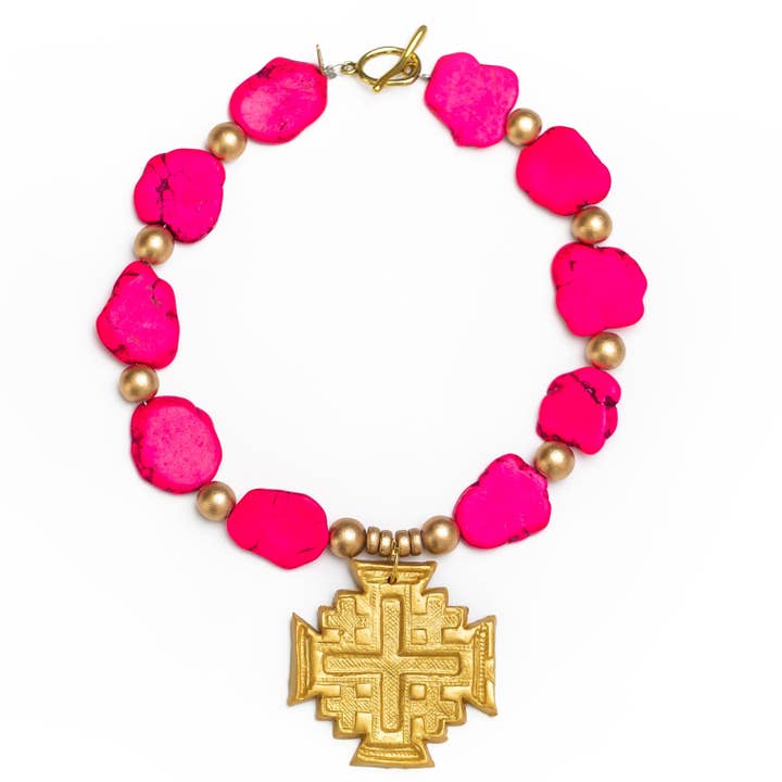 Hot Pink Jade Nuggets with Jerusalem Cross Necklace for wholesale by Hidden Truth Jewelry