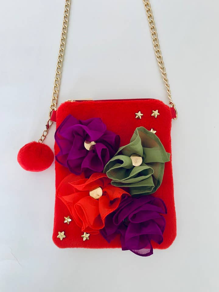 Garell Red Crossbody Fur Mini Handbag Hand Embellished for wholesale by GARELL