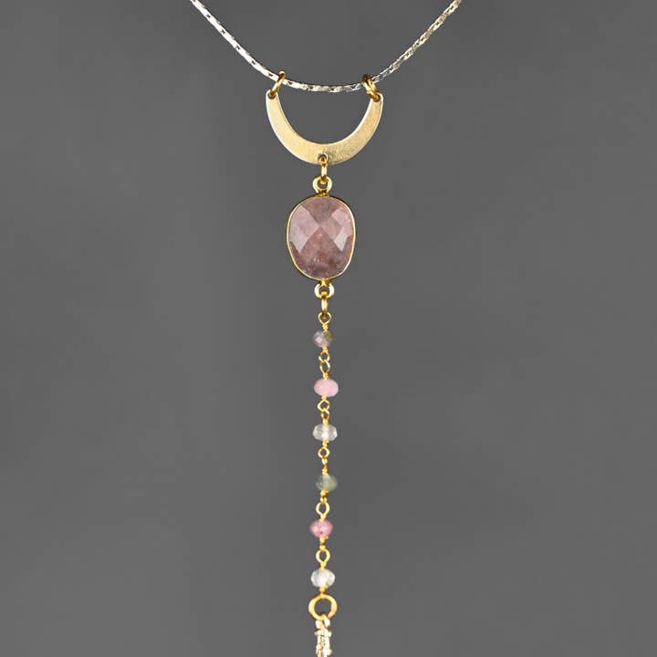 Curve Bar w/ Strawberry Quartz & 6 Tourmaline 3" Tassel Neck for wholesale by KBD Studio