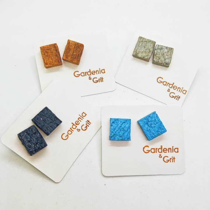 Earrings - Stud - Stainless Steel - Wood - Teal - Black - Natural - Gray - Reclaimed Wood Studs for wholesale by Gardenia & Grit