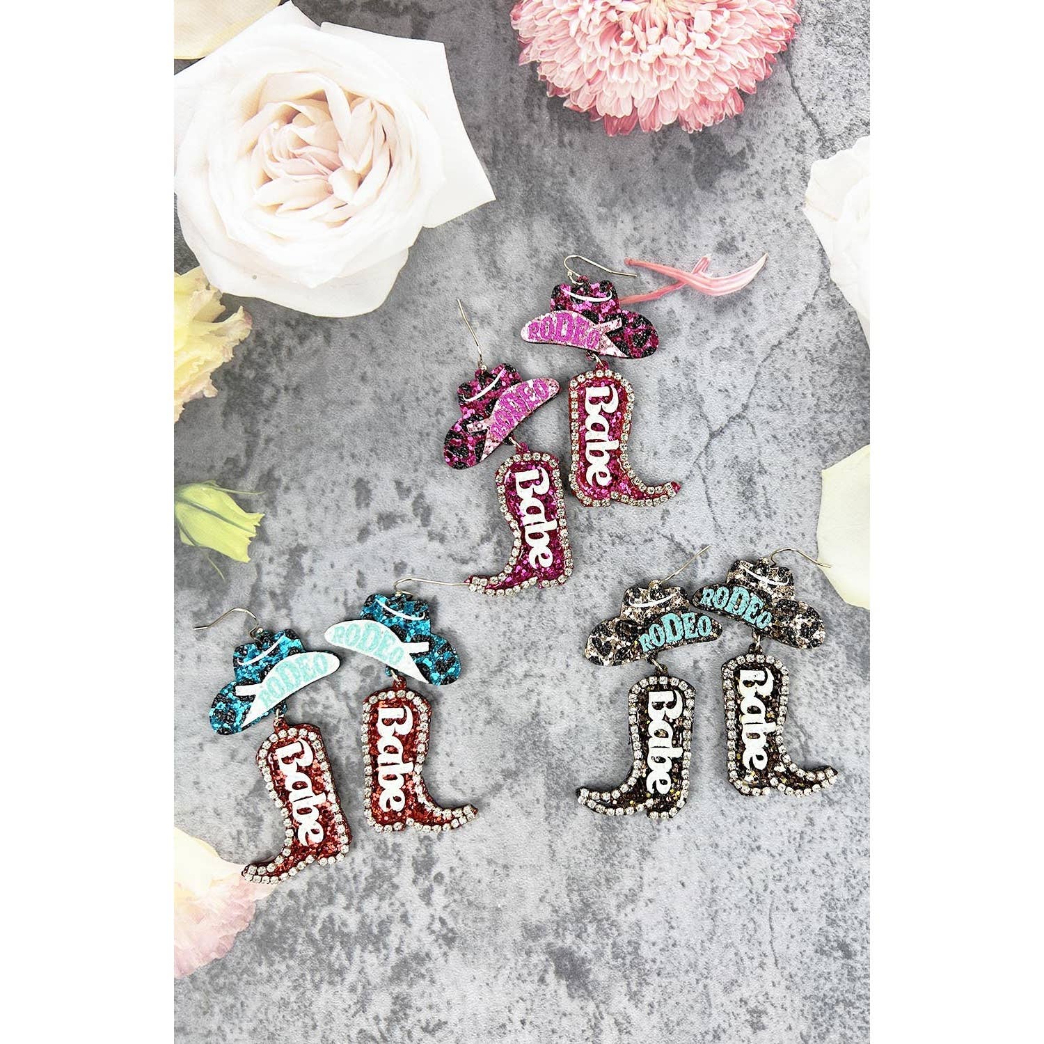 JHP Collection - Wholesale Dangle Earrings - RODEO BABE HOOK EARRING OF GLITTER COW BOY HAT AND BOOTS
4