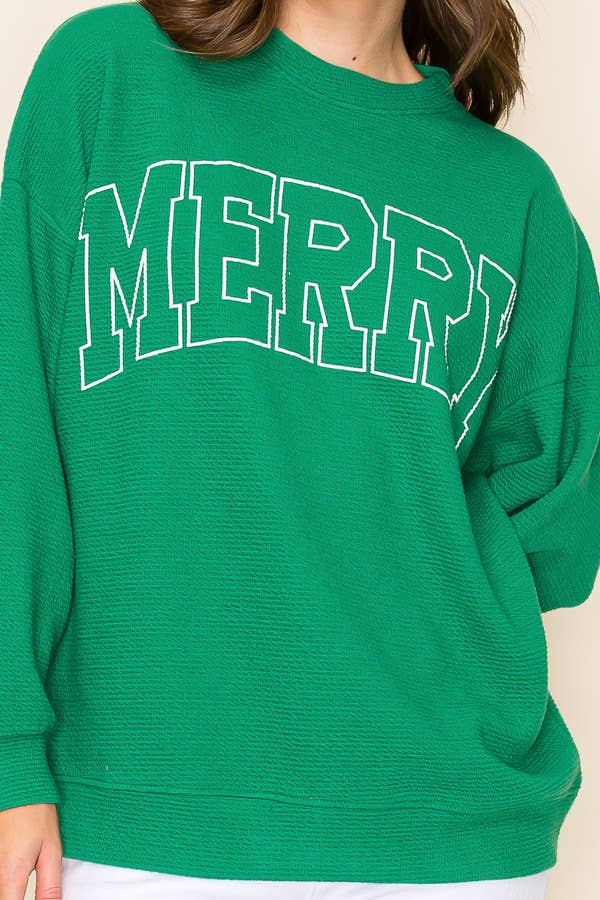 Tres Bien, Inc - Wholesale T-Shirt (Graphic) - Women's - ROUND NECK "MERRY" STENCIL  CLOUDY KNIT L/S SWEATSHIRT1