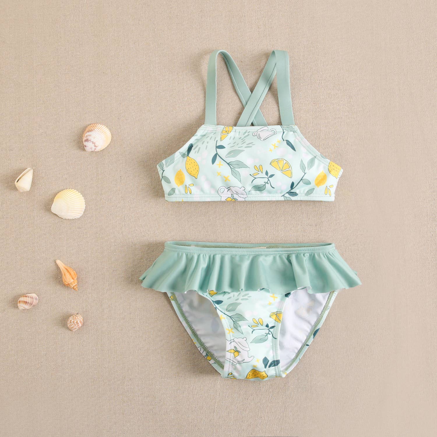 light green Girl's Bikini with Mugs and Lemons Print and Ruffle for wholesale on Faire2