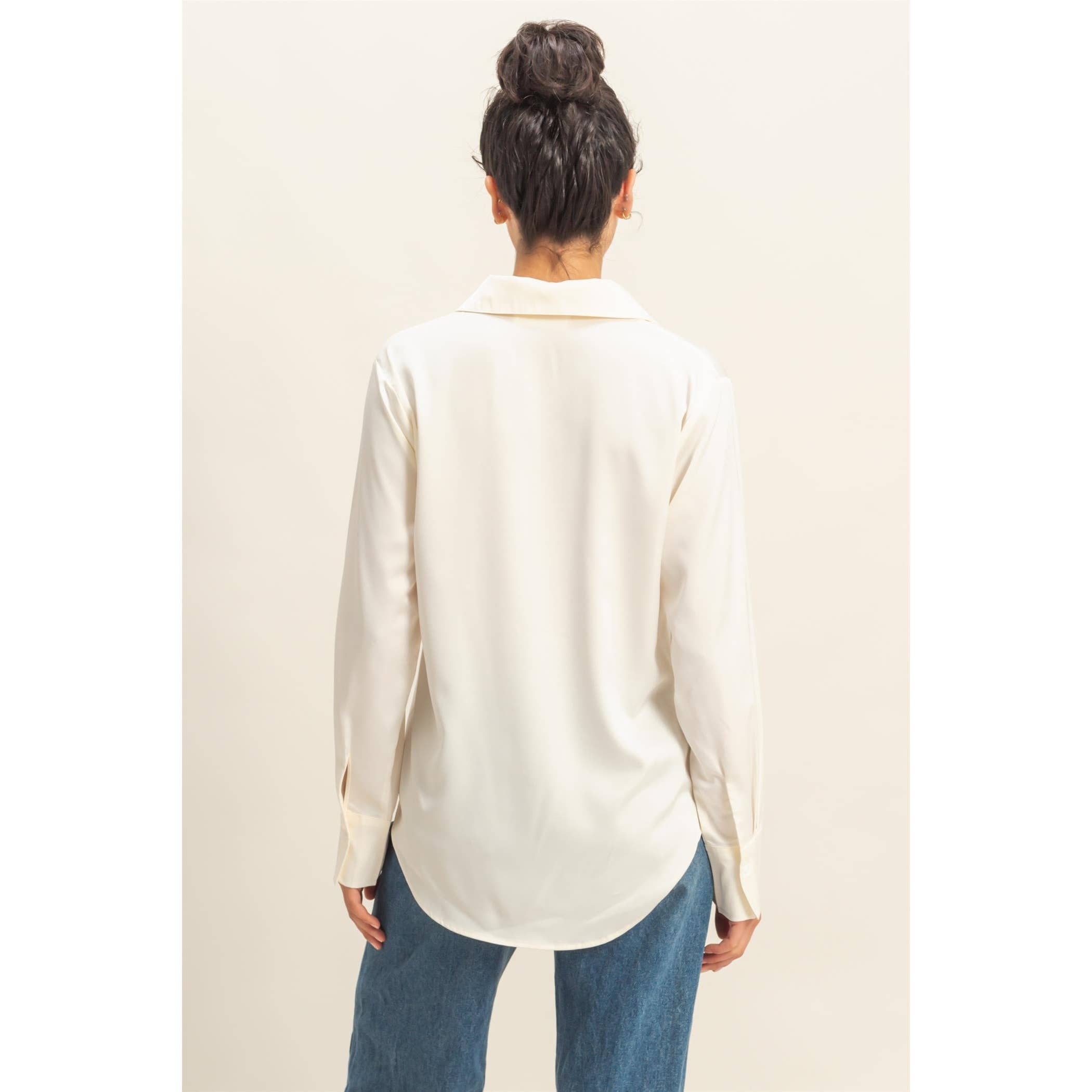 Double Zero - Wholesale Blouse - Women's - Button-Up Satin Shirt With Collared Neckline5