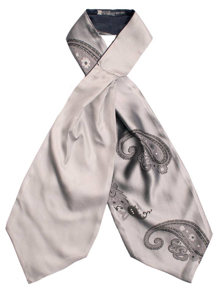 Ascot en soie teint en fil double gris argent paisley ton sur ton AS239 pour la vente par Graffeo Cravatte