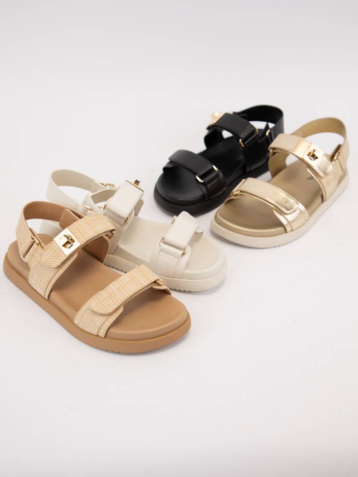 NATURAL RAFFIA COBBER TRENDY GOLDEN BUCKLE STRAP SPORT SANDAL for wholesale on Faire